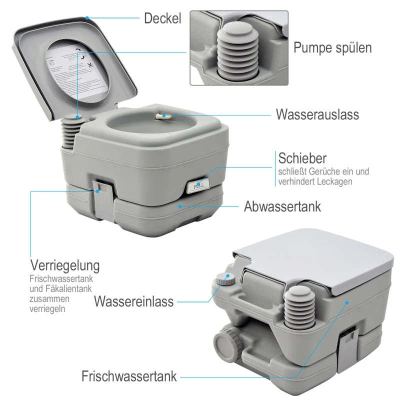 HOMCOM Outdoor-WC, tragbare Toilette, Abfalltank, Spültank, Kunststoff, Deckel, Grau
