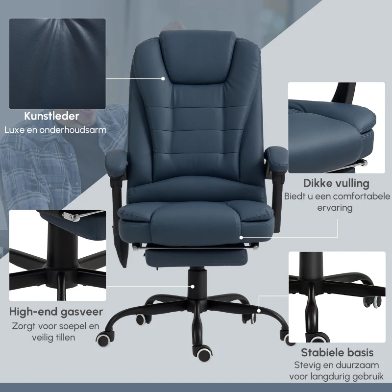 Vinsetto Massage Bureaustoel, 7 Vibratiepunten, Verstelbare Voetensteun & Rugleuning, tot 120 kg, Lederlook, Blauw(m-8)