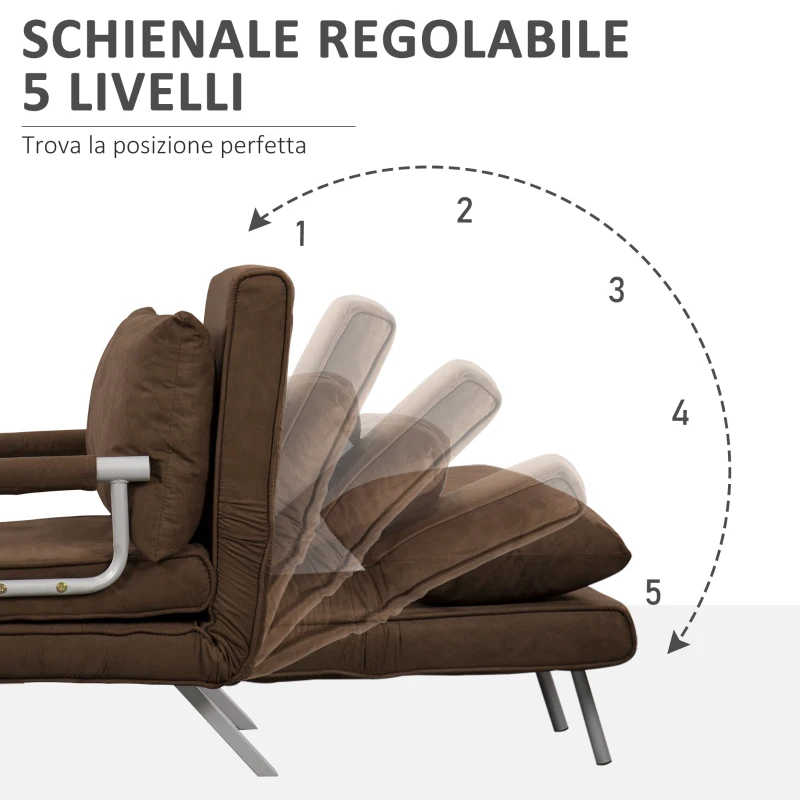 HOMCOM Poltrona Letto Moderna 2 in 1 con Schienale Reclinabile su 5 Posizioni e Cuscino, 65x69x80cm, Marrone