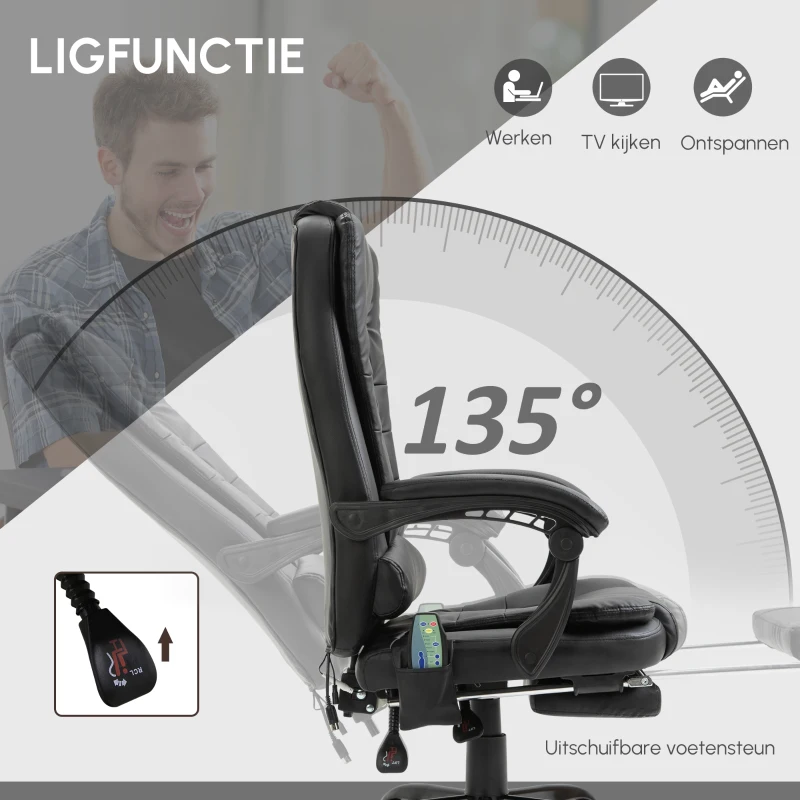 Vinsetto Massagestoel directiestoel met voetensteun, verstelbare rugleuning PVC zwart(m-6)