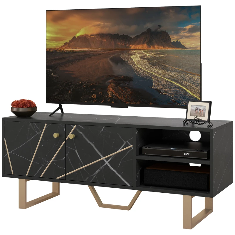 HOMCOM Móvel de TV com Prateleira Ajustável e Efeito Mármore Móvel de TV para Sala de Estar para Televisores de 50 Polegadas 110x35x45 cm Preto e Dourado