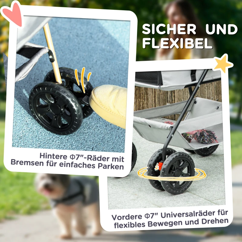 PawHut 3-in-1 Huisdierenkinderwagen, Opvouwbare hondenwagen met 4 wielen en afneembare drager voor honden en katten, Grijs