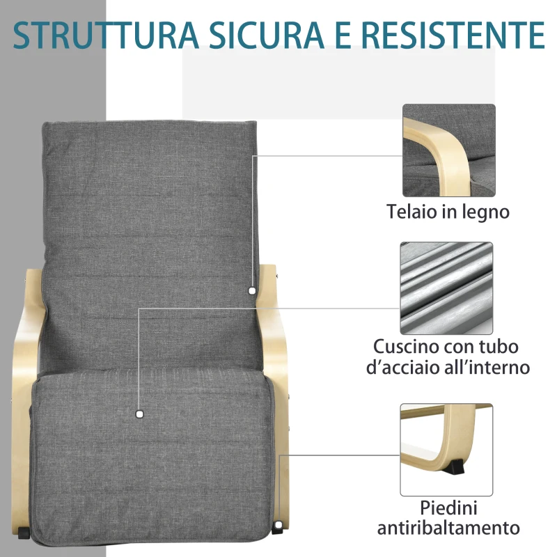 HOMCOM Poltrona Relax con Poggiapiedi a 5 Livelli e Poggiatesta in Legno di Betulla e Tessuto, Grigio