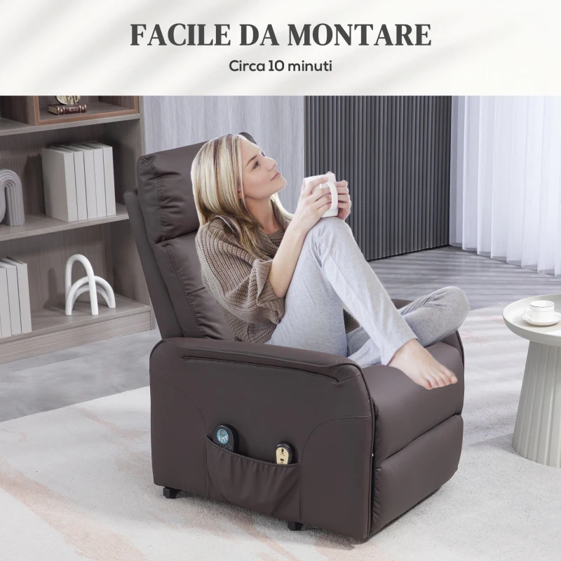 HOMCOM Poltrona Relax Alzapersona e Reclinabile con 8 Punti Massaggio e Riscaldamento, 2 Telecomandi, Marrone