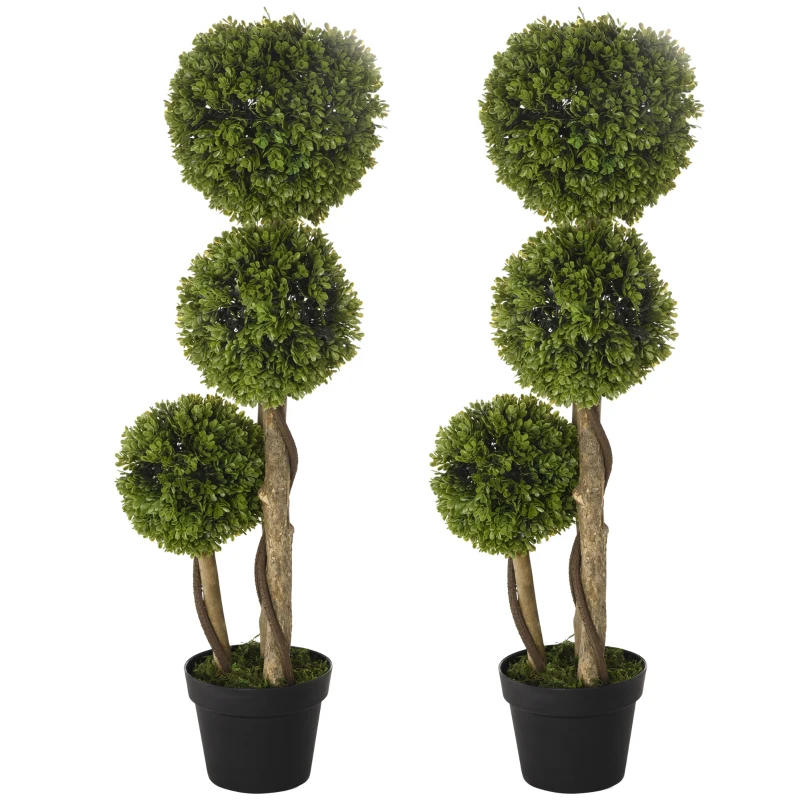 HOMCOM Set of 2 Decorative Artificial Tree Boxwood Ball Topiary Tree in Pot, Fake Plant for Home Indoor Outdoor Decor, 90 cm, Light Green