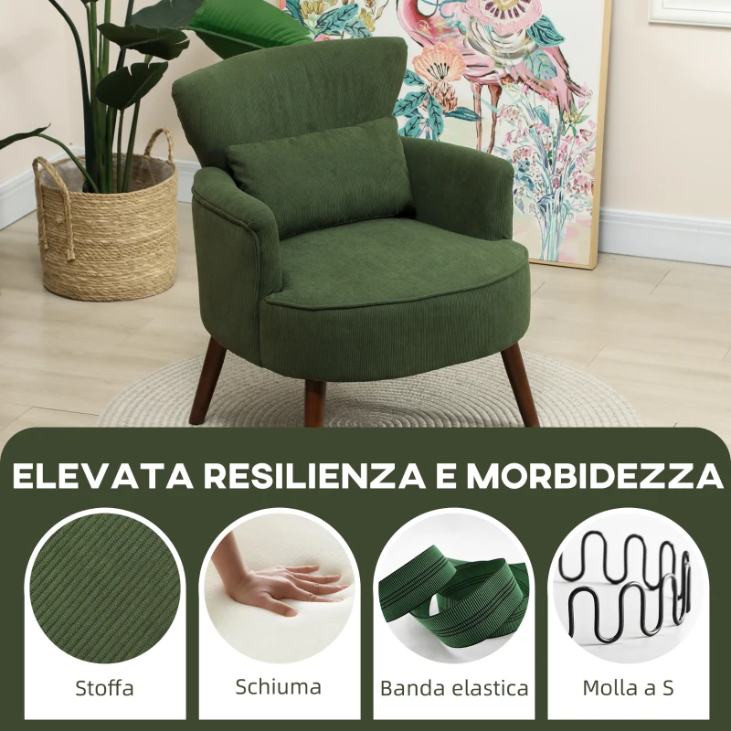 HOMCOM Poltrona Moderna Imbottita in Velluto con Cuscino Lombare, Schienale e Gambe in Legno, Verde