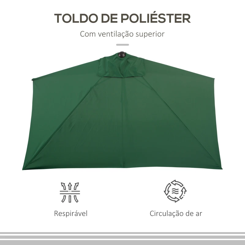 Outsunny Chapéu de Sol Semicircular 230x130x245 cm Chapéu de Sol para Parede com Manivela Proteção UV 30+ e Mastro Metálica Ø38 mm Verde