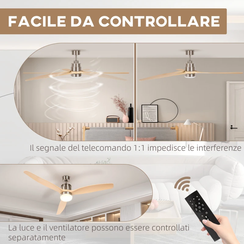 HOMCOM Ventilatore da Soffitto con Luce LED Bianca a 6 Velocità e Timer, in Metallo e Acrilico, Ø132 x 43A cm