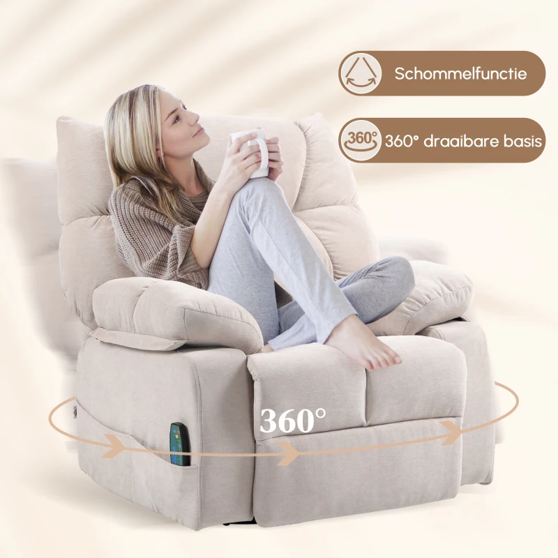 HOMCOM Massagestoel met Verwarmings- & Ligfunctie, Draaibaar, tot 150 kg, Metaal Frame, 98x90x98cm, Beige(m-6)