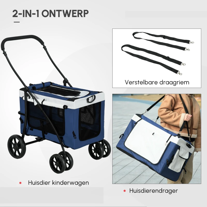 PawHut Hondenbuggy Huisdierbuggy Hondenkar, inklapbaar, afneembare mand, 81 x 58 x 97,5 cm, Zwart + Blauw + Wit