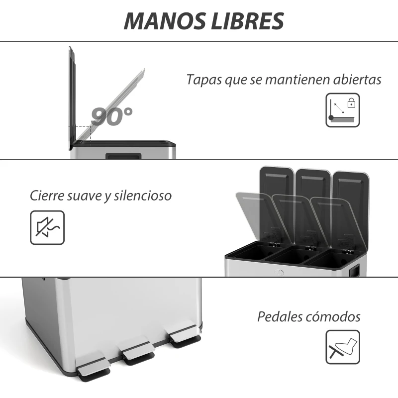 HOMCOM Papelera Cocina de Acero Inoxidable con 3 Compartimentos 3x10L con Pedales Tapas de Cierre Suave y Cubo Extraíble Plata