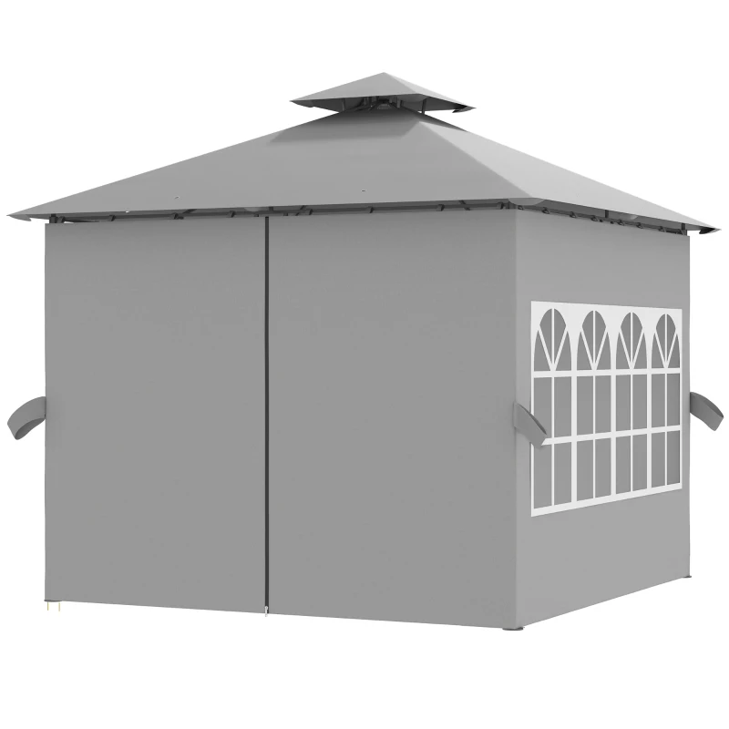 Outsunny 3 x 3 m Garden Gazebo, Double Roof Metal Gazebo with Removable Sidewalls and Church Windows, Outdoor Canopy Shelter, Light Grey