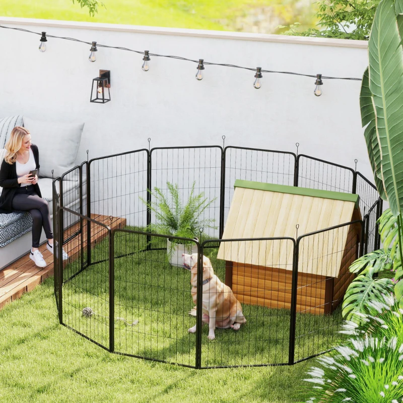 PawHut Vierkantige Puppyren met 12 Roosters, Deur, Aardpennen, Flexibel en Opvouwbaar - 100cm Hoog(m-8)