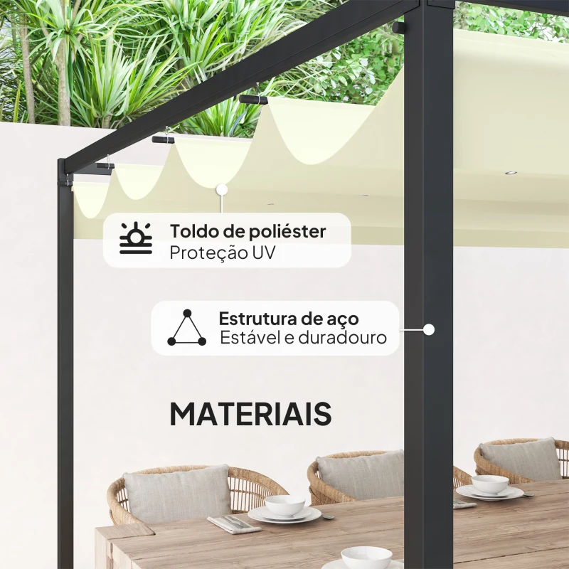 Outsunny Pérgola 400x300x222 cm Pérgola de Jardim com Teto Retrátil de Poliéster com Revestimento para Celebrações Festas Casamento Creme