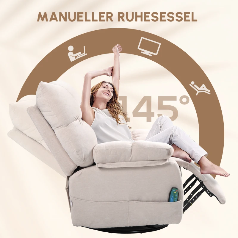 HOMCOM Massagestoel met Verwarmings- & Ligfunctie, Draaibaar, tot 150 kg, Metaal Frame, 98x90x98cm, Beige(m-5)