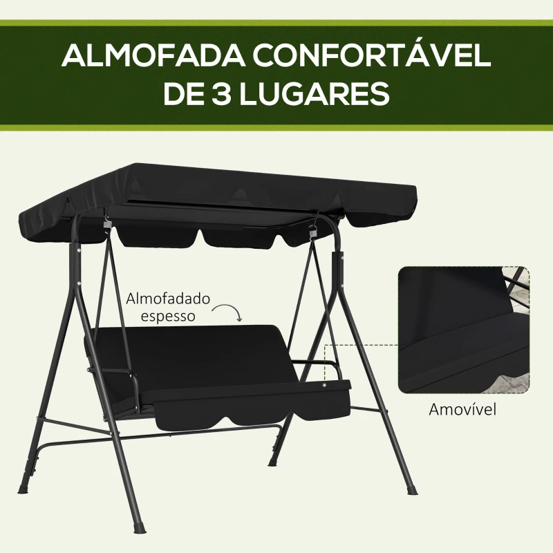 Outsunny Baloiço de Jardim de 3 Lugares com Almofada Toldo Ajustável e Estrutura de Aço para Balcão Terraço 172x110x153 cm Preto