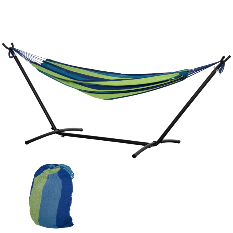 Outsunny Cama Rede com Suporte 310x117 cm com Bolsa de Transporte Altura Ajustável Capacidade 120 kg para Campismo Pátio Verde e Azul