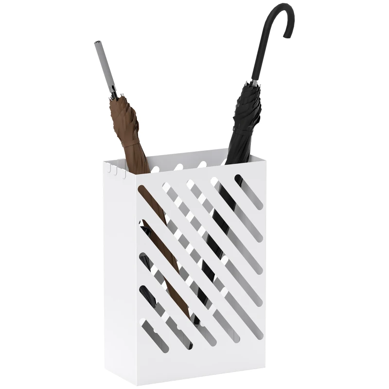 HOMCOM Regenschirmständer mit Tropfschale, 4 Haken, Stahl, 28L x 14B x 41H cm, Weiß(m-10)