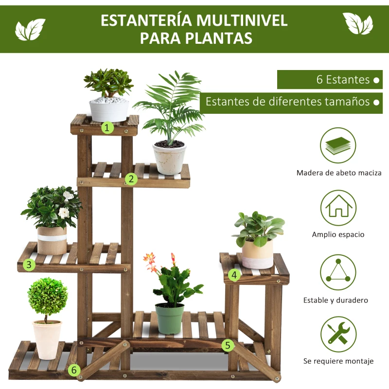 Outsunny Soporte de Madera para Flores Estantería Decorativa para Macetas Plantas con 6 Estantes Interior y Exterior para Jardín Balcón Terraza 95x28x96,5 cm Carbonizado