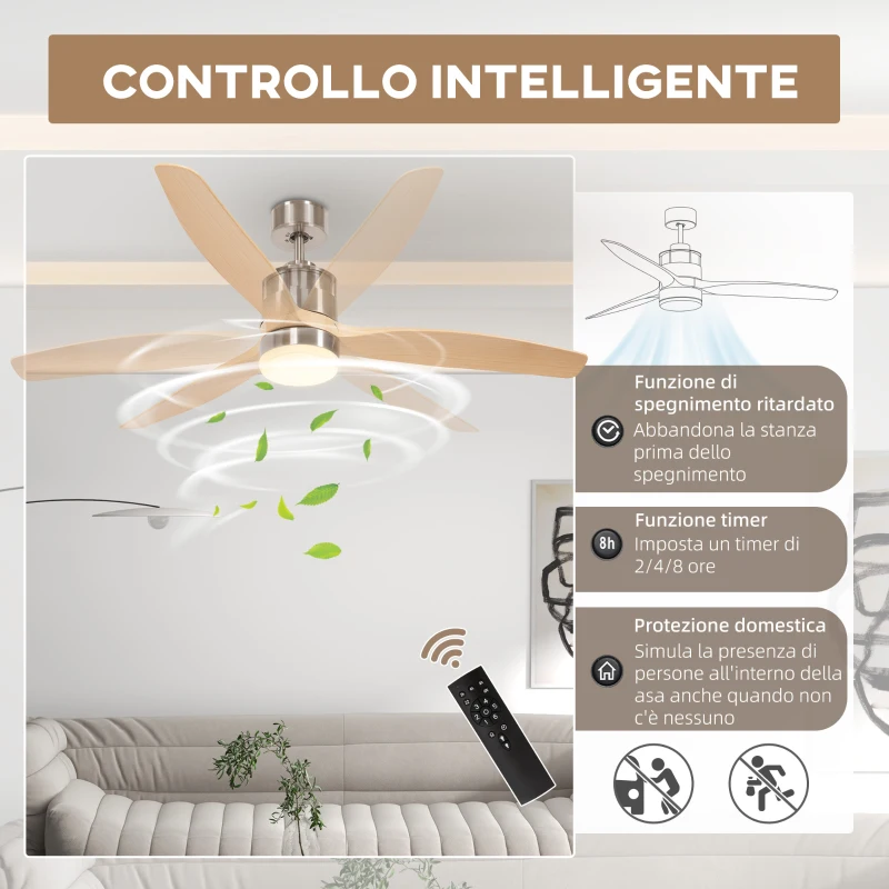 HOMCOM Ventilatore da Soffitto con Luce LED Bianca a 6 Velocità e Timer, in Metallo e Acrilico, Ø132 x 43A cm