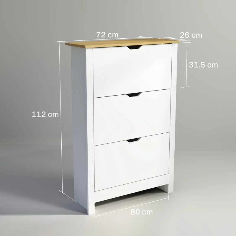 HOMCOM Slim Shoe Cabinet, Narrow Shoe Cupboard with 3 Flip Drawers, Adjustable Shelves for 18 Pairs of Shoes, High Gloss White