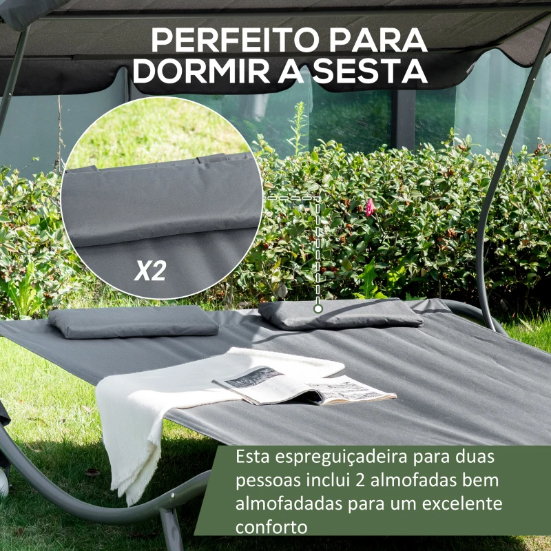 Outsunny Espreguiçadeira Dupla de Jardim com Toldo Ajustável  Rodas e 2 Almofadas para 2 Pessoas 200x175x134 cm Cinza