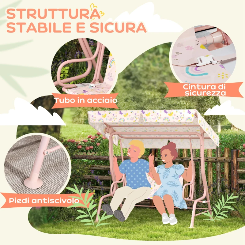 AIYAPLAY Dondolo per Bambini da Esterno a 2 Posti con Tettuccio Regolabile e Cinture di Sicurezza, 112x75x120 cm, Rosa