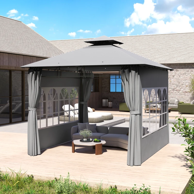 Outsunny 3 x 3 m Garden Gazebo, Double Roof Metal Gazebo with Removable Sidewalls and Church Windows, Outdoor Canopy Shelter, Light Grey
