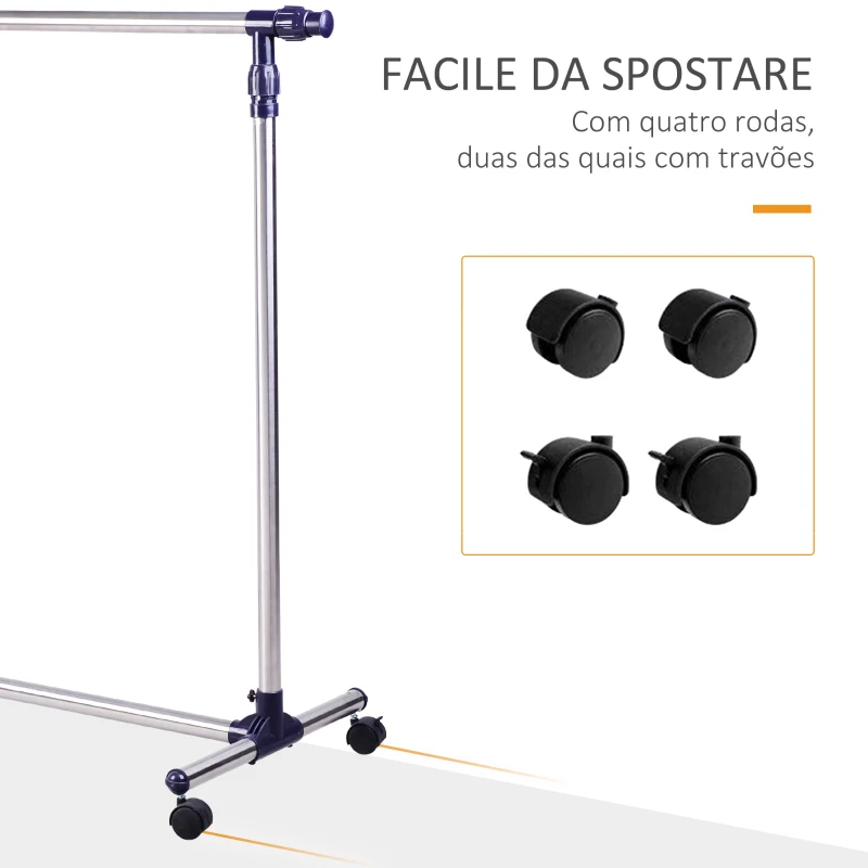 HOMCOM Charriot com Altura Ajustável Cabideiro com Rodas para Roupas Aço Inoxidável 86-160x45x95-170cm Prata e Preto