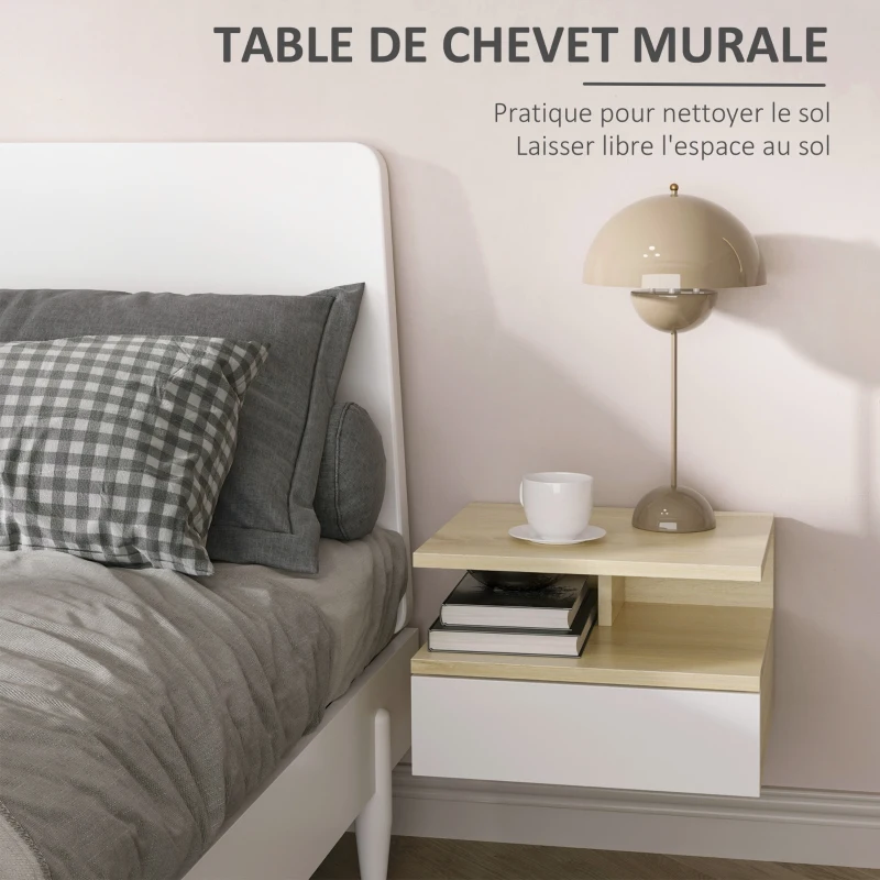 HOMCOM Lot de 2 Tables de Chevet murales - Lot de 2 Tables de Nuit - tiroir Coulissant, Niche, Plateau - Panneaux Particules aspect chêne clair, blanc