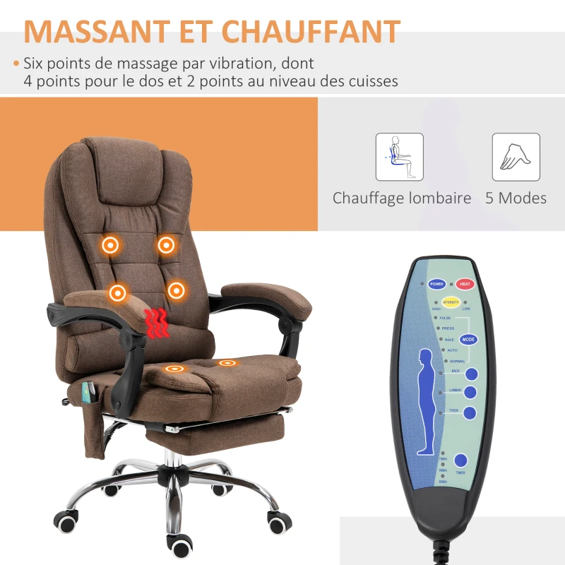 Vinsetto Fauteuil de bureau direction massant chauffant hauteur réglable dossier inclinable repose-pied + coussin lombaires