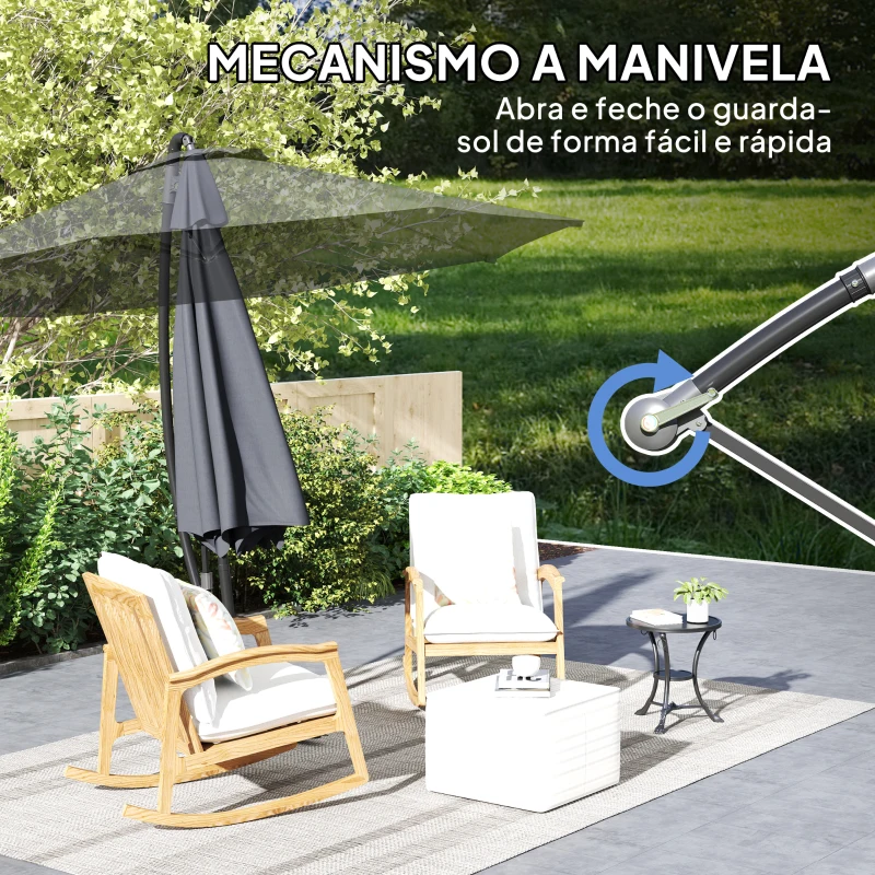 Outsunny Chapéu de Sol Excêntrico Ø 290 cm Chapéu de Sol de Jardim com Base Cruzada Capa de Proteção e Corda de Vento Cinzento