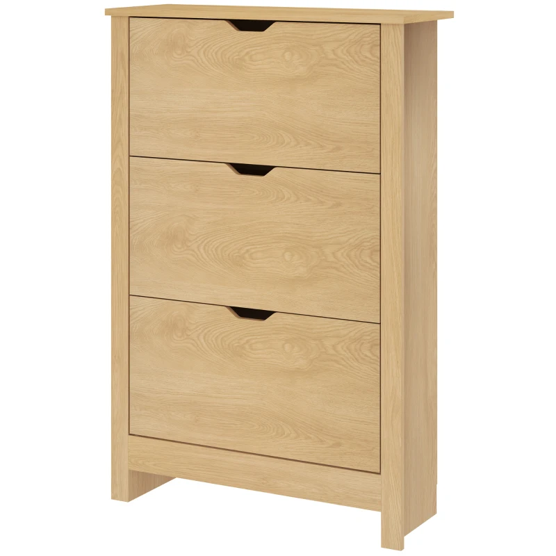 HOMCOM Slim Shoe Cabinet, Narrow Shoe Cupboard with 3 Drawers, Adjustable Shelves for 18 Pairs of Shoes, Natural Wood Finish