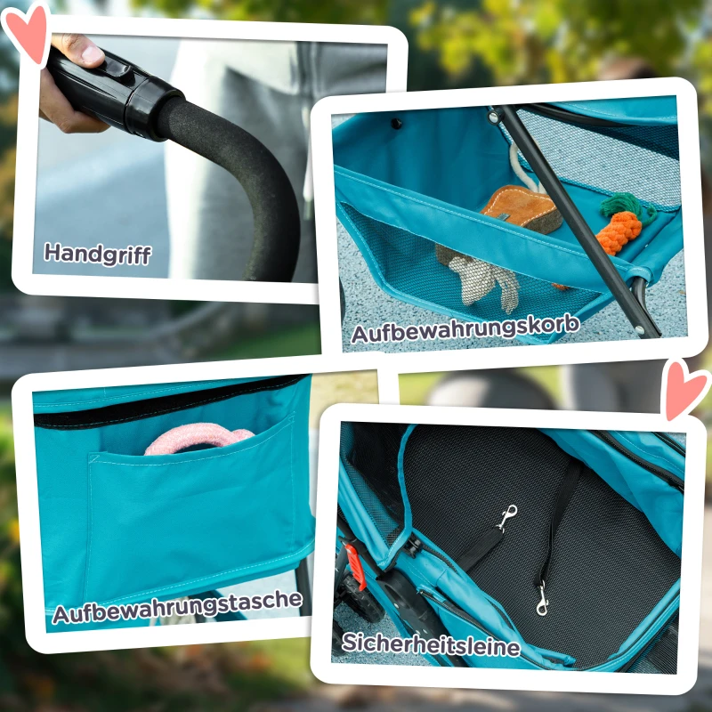 PawHut 3-in-1 Huisdierenbuggy, Opvouwbare Hondenwagen met 4 Wielen en Afneembare Drager voor Honden en Katten Turquoise