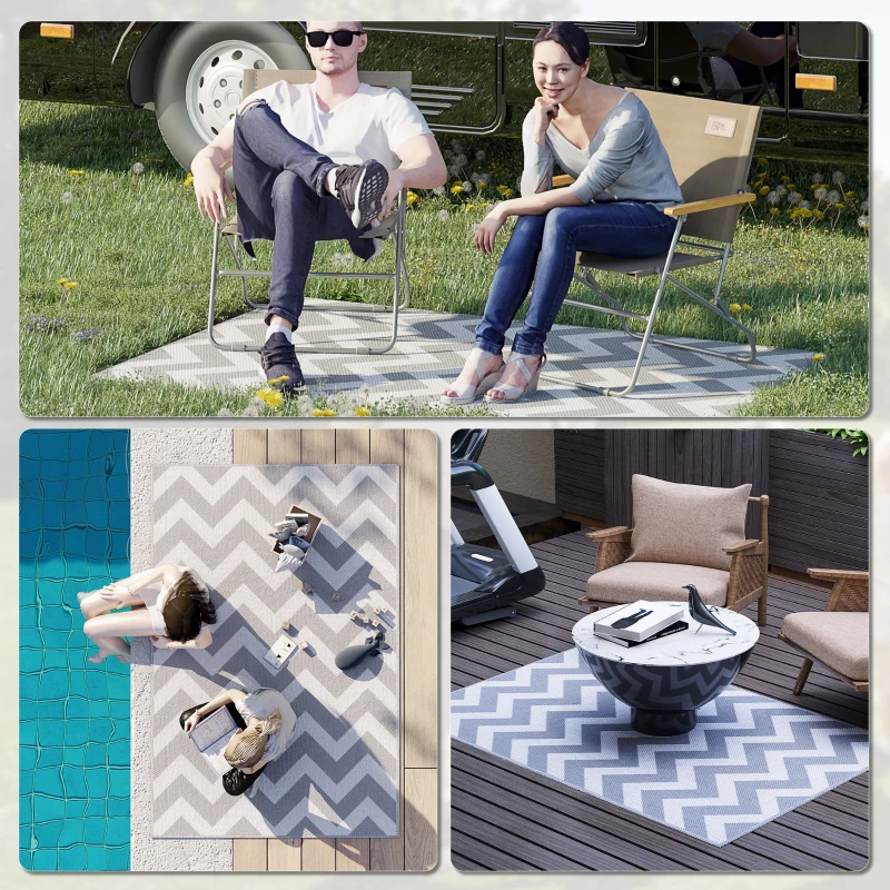 Outsunny Tappeto da Esterno Reversibile con Fantasia Geometrica, 121x182 cm, Grigio e Bianco