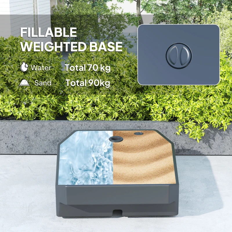 Outsunny 3(m) Garden Cantilever Parasol with Fillable Base up to 90kg, Wind Protection Strap, Cover, Round Banana Hanging Umbrella with Crank Handle and Tilt, UPF50+ Patio Umbrella, Brown