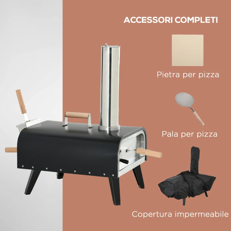 Outsunny Forno per Pizza Pieghevole e Portatile con Pala e Pietra, in Acciaio e Legno, 81x40x72 cm, Nero