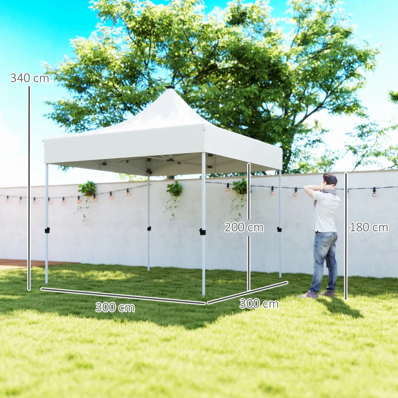 Outsunny Gazebo da Giardino Pop Up 3x3 m ad Altezza Regolabile con Luci LED Solari, in Tessuto Oxford e Metallo, Bianco
