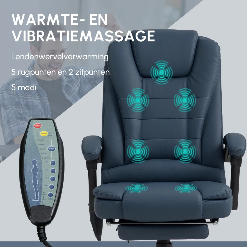 Vinsetto Massage Bureaustoel, 7 Vibratiepunten, Verstelbare Voetensteun & Rugleuning, tot 120 kg, Lederlook, Blauw(m-4)