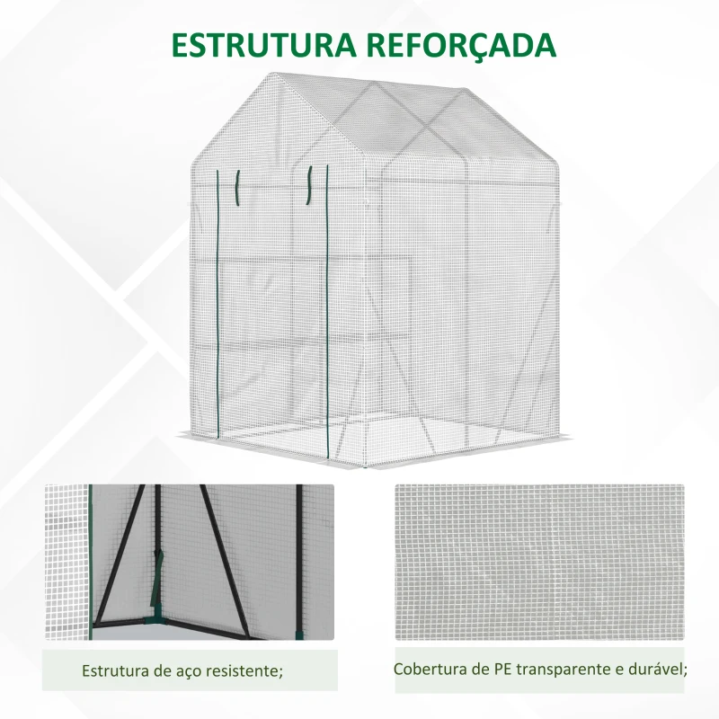 Outsunny Estufa de Jardim 143x143x195 cm Estufa de Aço com 2 Prateleiras e Porta Enrolável para Cultivos de Plantas Vasos de Flores Pátio Exterior Branco