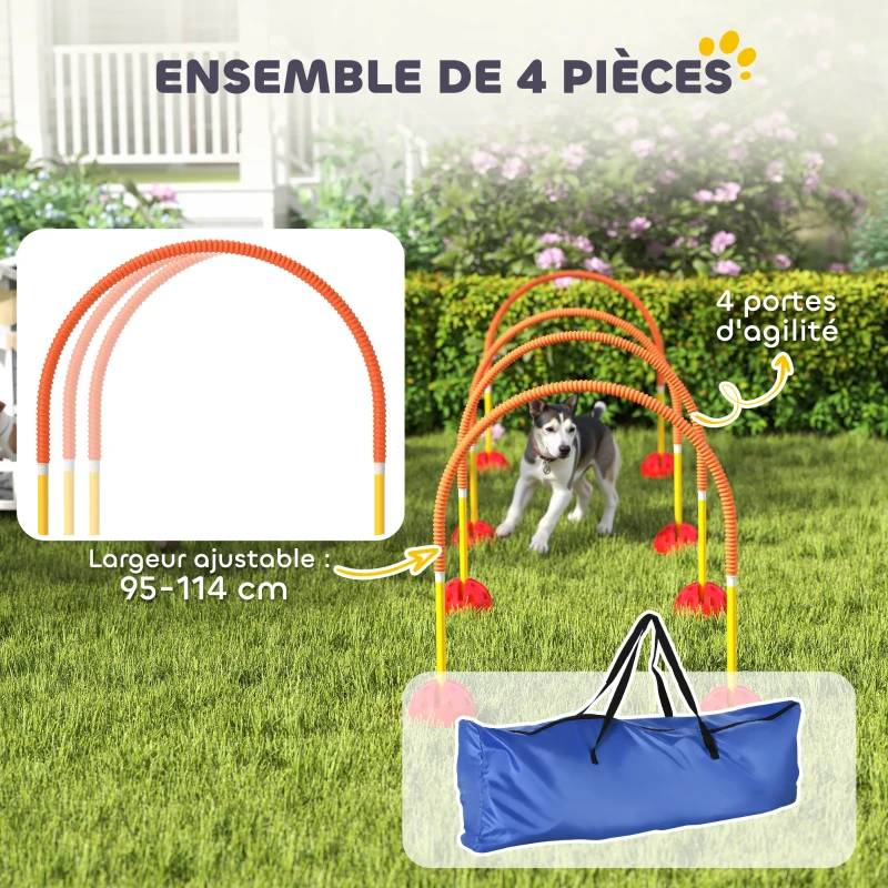 PawHut Kit d'équipement d'agilité pour chien avec 4 portes à largeur réglable, sac de transport, jaune et orange