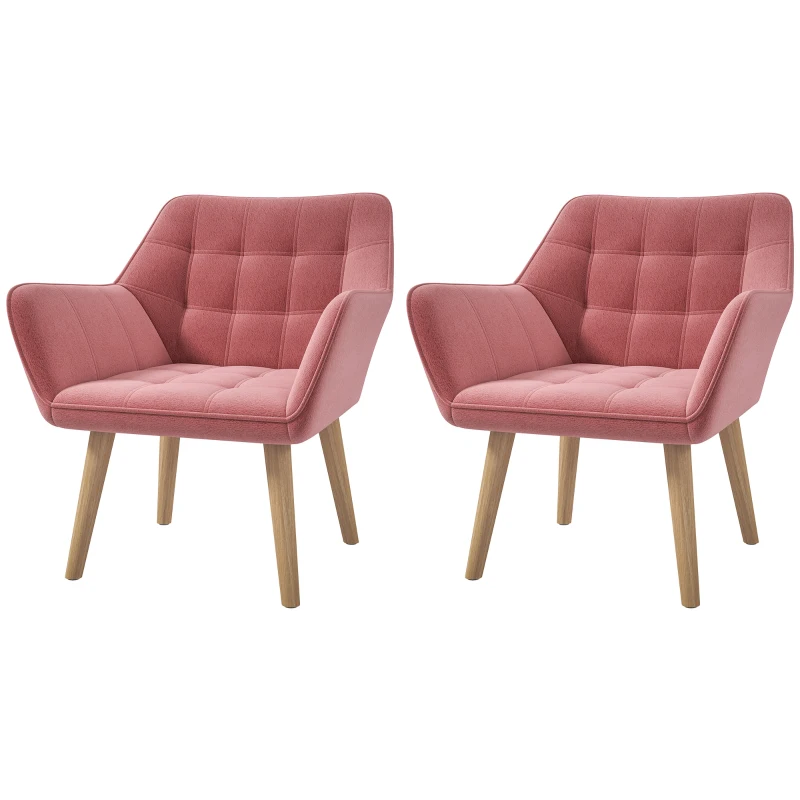 Set of 2 Accent Chair, Arm Chair with Slanted Back, Thick Padding and Rubber Wooden Legs for Living Room, Pink