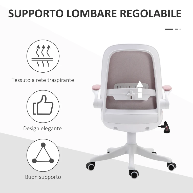 Vinsetto Sedia da Ufficio Ergonomica ad Altezza Regolabile, in Tessuto Effetto Velluto, 62.5x60x94-104 cm, Bianco e Rosa(m-6)