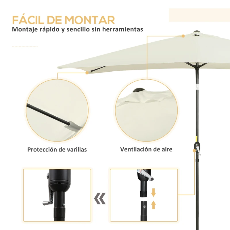 Outsunny Sombrilla de Aluminio 195x295x253 Parasol Rectangular de Jardín Inclinable con Manivela y Poste Desmontable Crema