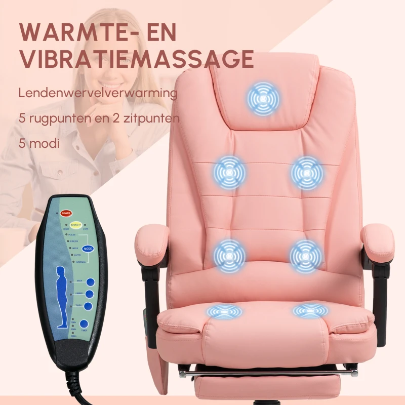 Vinsetto Massage Bureaustoel, 7 Vibratiepunten, Verstelbare Voetensteun & Rugleuning, tot 120 kg, Lederlook, Roze(m-5)