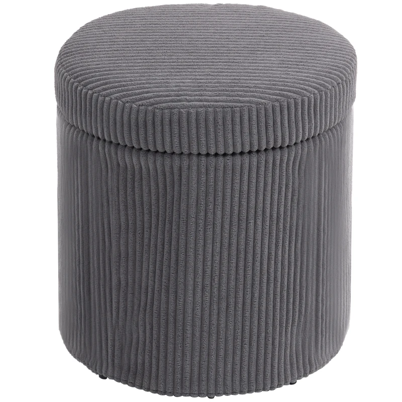 HOMCOM 40cm Round Storage Ottoman, Corduroy Footstool with Removable Lid and Legs, Vanity Stool for Living Room, Bedroom, Grey
