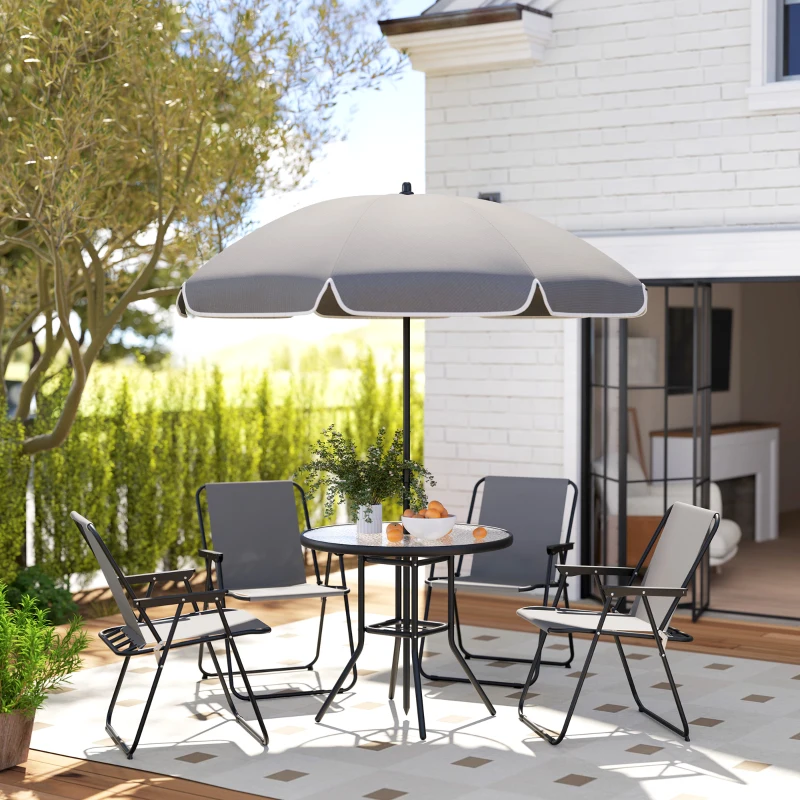 Outsunny Conjunto de Mesa e Cadeiras de Jardim de 6 Peças com 4 Cadeiras Dobráveis Mesa de Vidro e Chapéu de Sol Cinzento