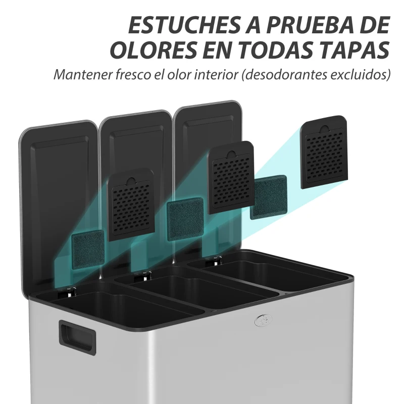 HOMCOM Papelera Cocina de Acero Inoxidable con 3 Compartimentos 3x10L con Pedales Tapas de Cierre Suave y Cubo Extraíble Plata