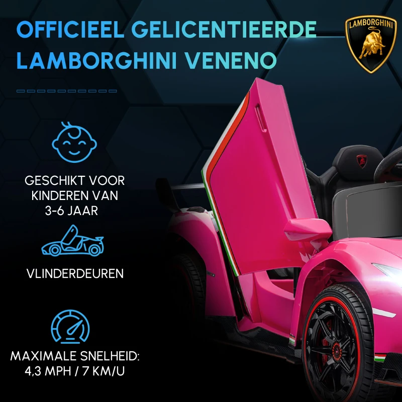 HOMCOM Elektrische Kinderauto, gelicentieerde Lamborghini Veneno, 3-7 km/u, Vleugeldeuren, Muziekspeler, Afstandsbediening, roze