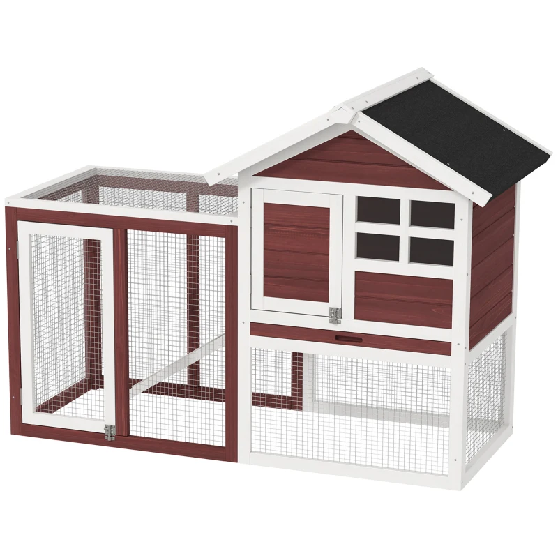 PawHut Clapier cage à lapins multi-équipé : niche supérieure avec rampe, plateau excrément, fenêtre + enclos  extérieur sécurisé 2 portes 122L x 63l x 92H cm rouge brique
